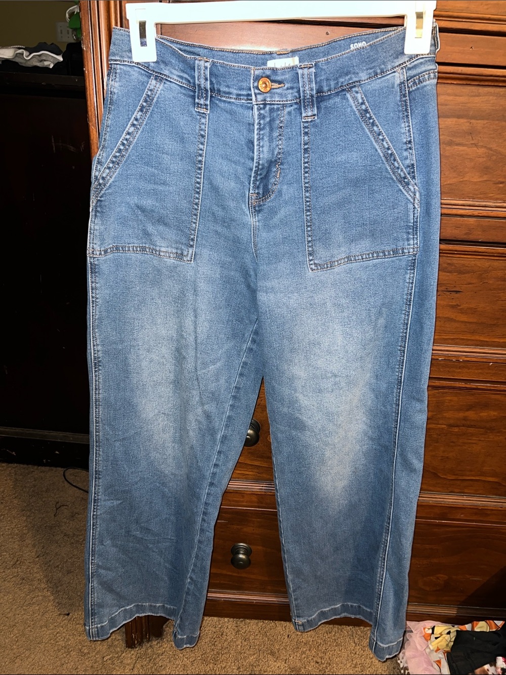 Women's Soho High Rise Wide Leg Blue Denim Jeans with Front Patch Pockets
